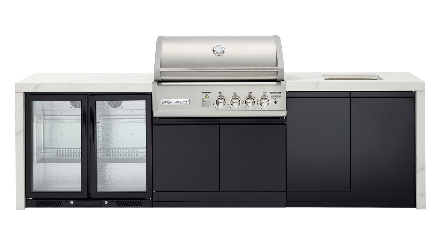 Modern outdoor kitchen, white benchtop with a built-in stainless steel gas grill, double fridge, sink and ample cabinet storage