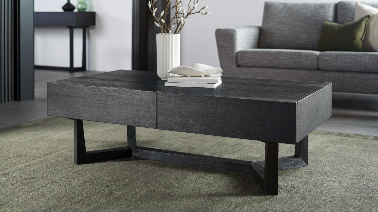 A view of the coffee table in a modern living room