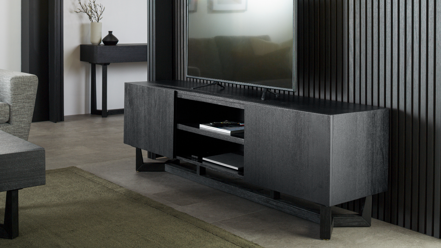 A view of the entertainment unit in a modern living room
