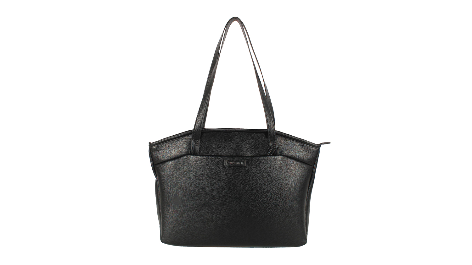 Front view of the SwissTech Quantum Tote Laptop Bag, highlighting its modern black design