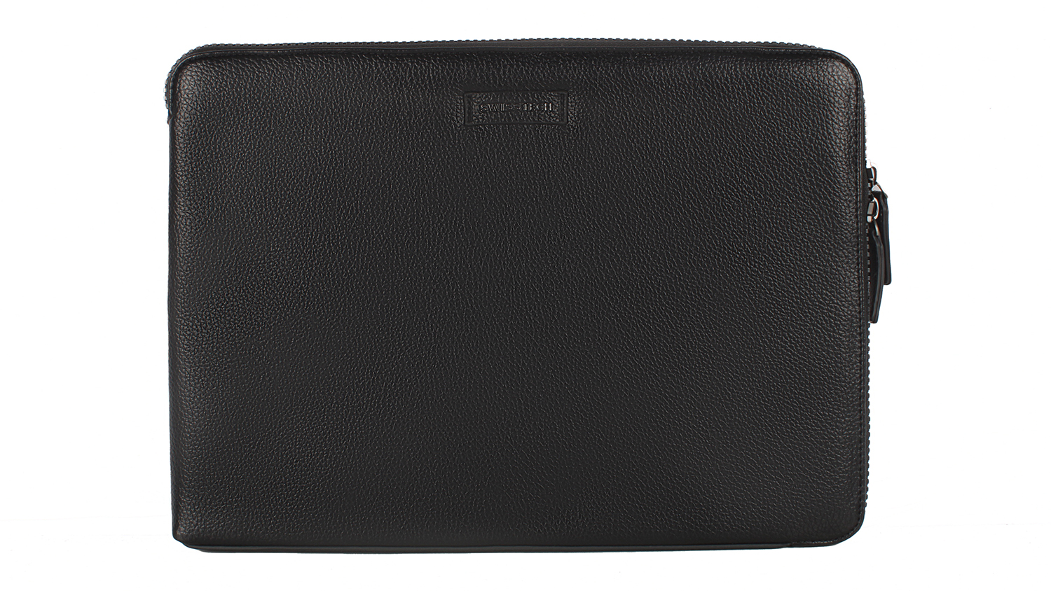 Front view of the SwissTech Quantum Laptop Sleeve with a modern black design