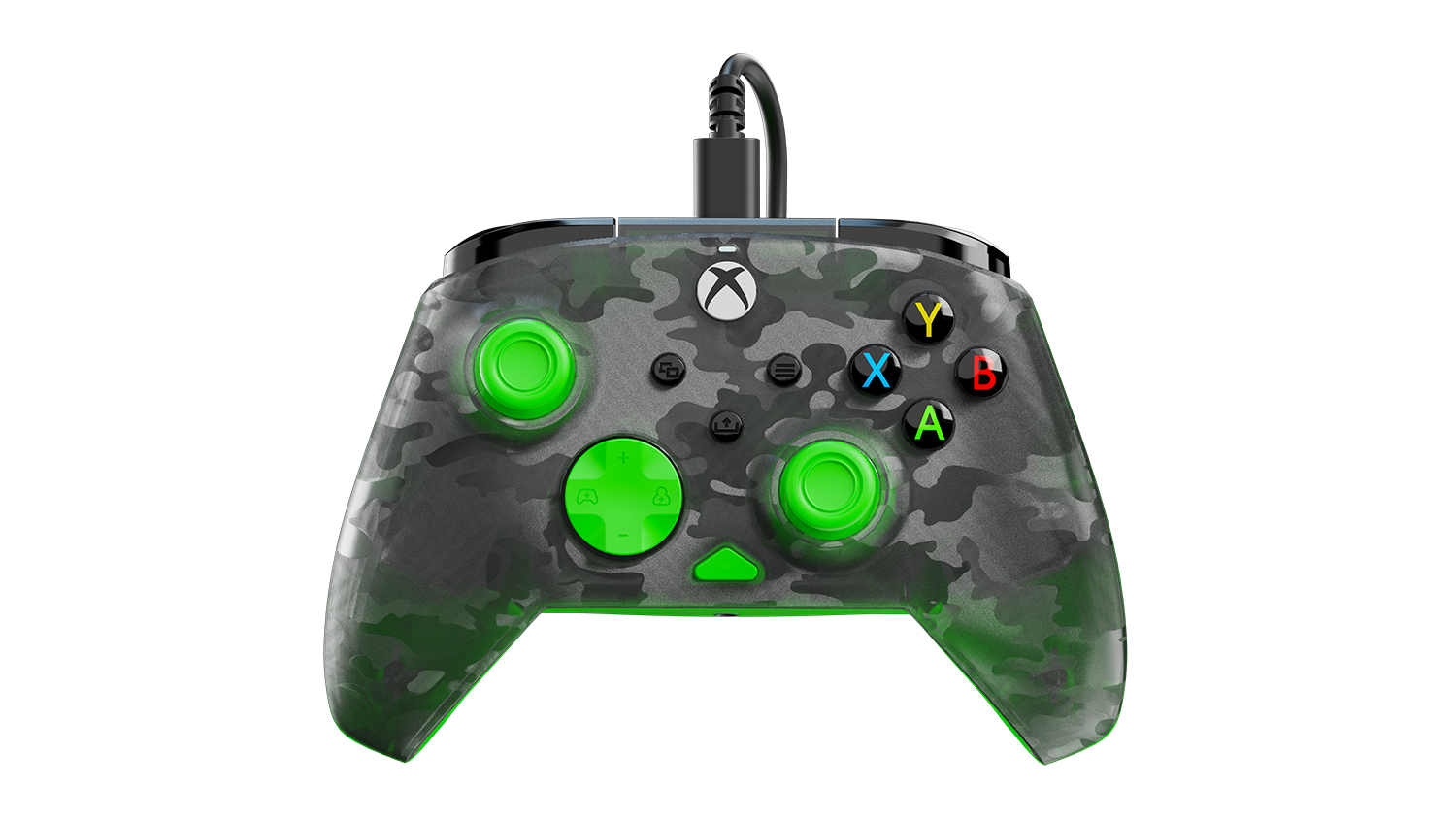 Front view of a wired Xbox controller with a grey camouflage design and green accents