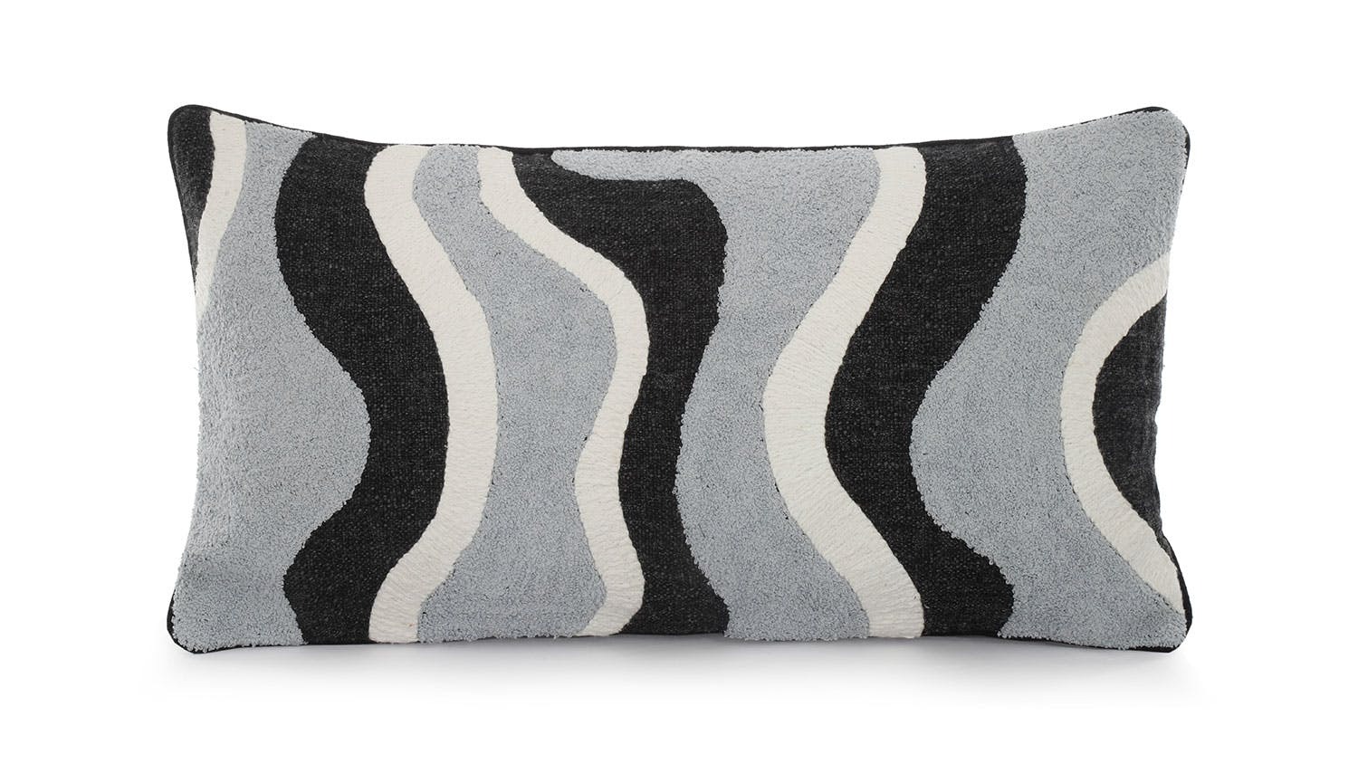 Yemen Breakfast Cushion by L'Avenue, cushion with abstract vertical pattern of black, grey, and white.