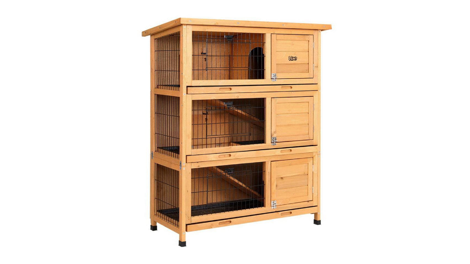 Three-tier wooden pet hutch with wire panels, secure doors, and ramps