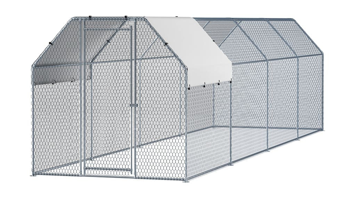 Large metal walk-in chicken coop with wire mesh walls and a white roof panel