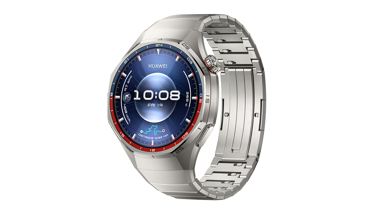 Angled view of a smartwatch with a silver metal strap and a dark blue and red sporty face