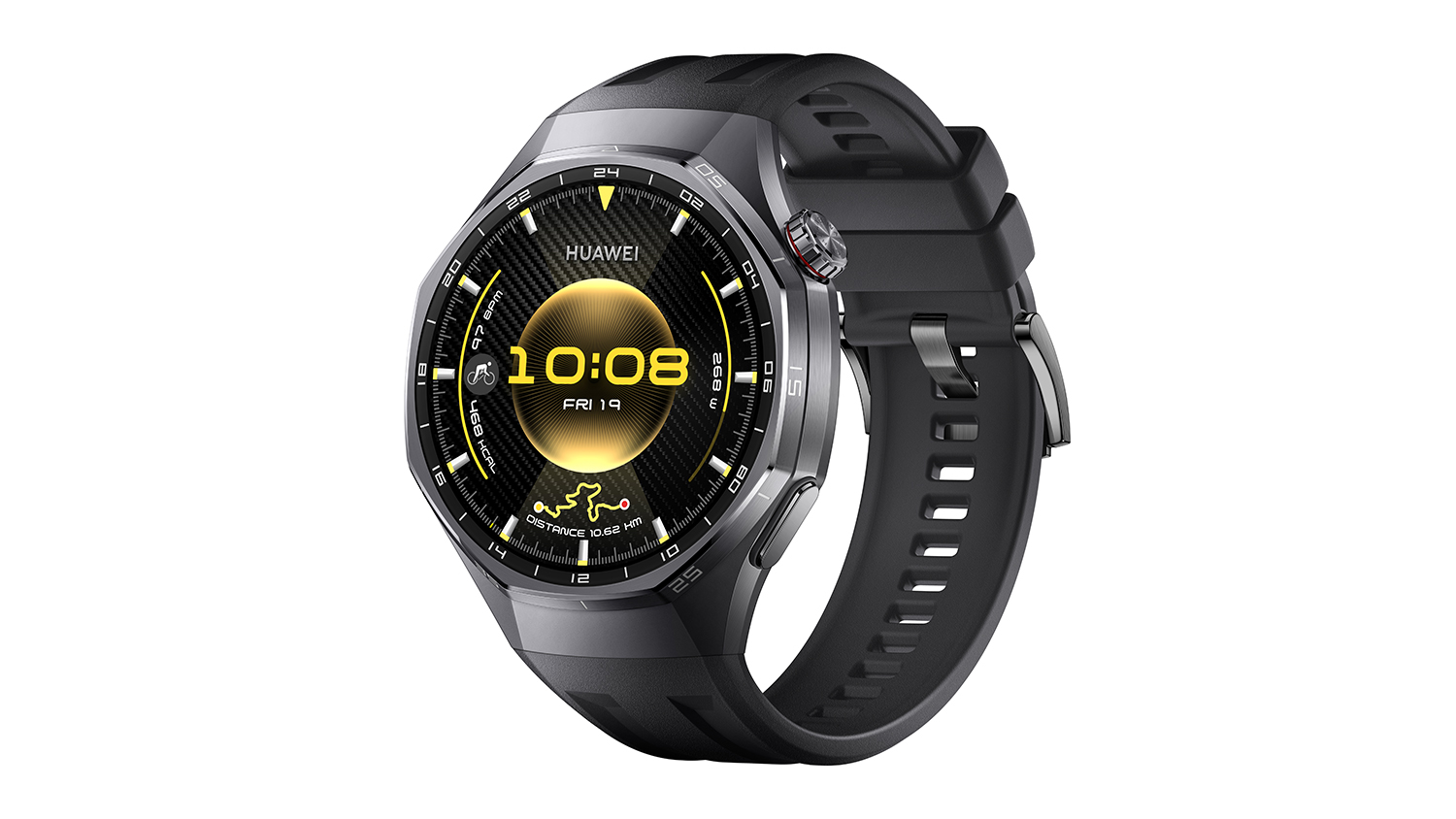 Angled view of the large smartwatch with a black strap and a dark, sporty watch face