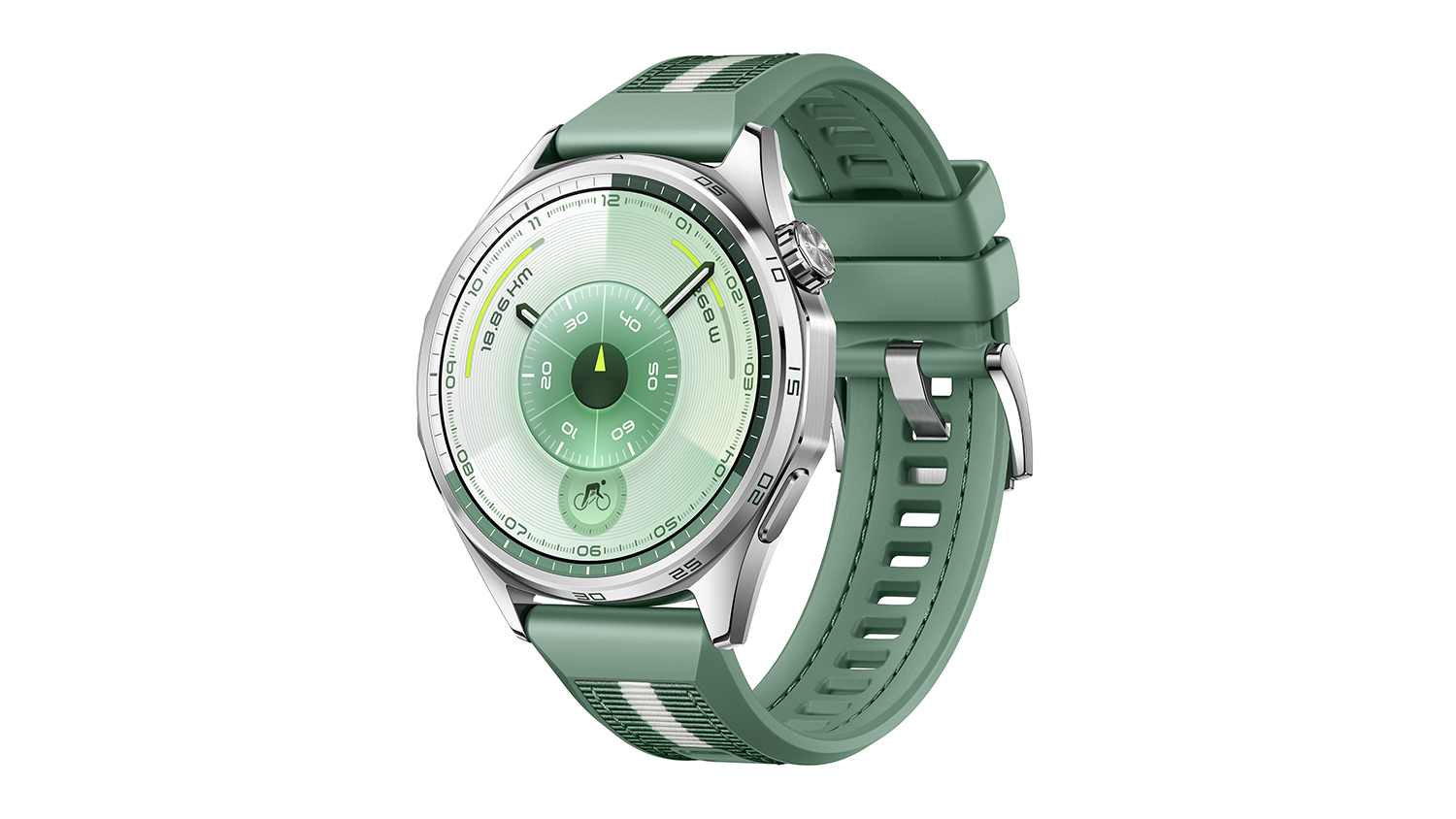 Angled view of the circular smartwatch with a green strap and a green-toned watch face