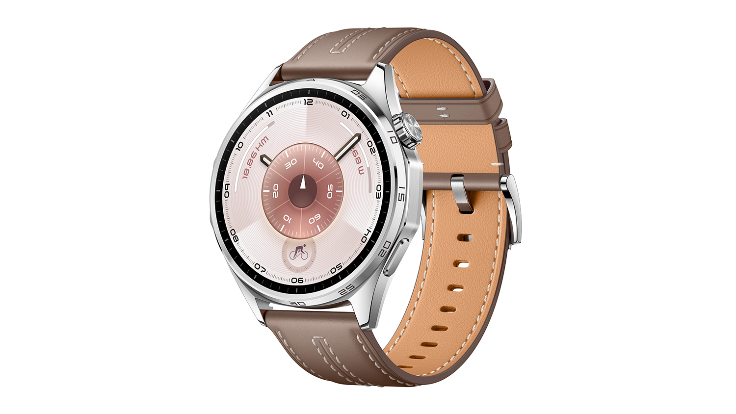 Angled view of a smartwatch with a light brown strap and rose-gold toned watch face