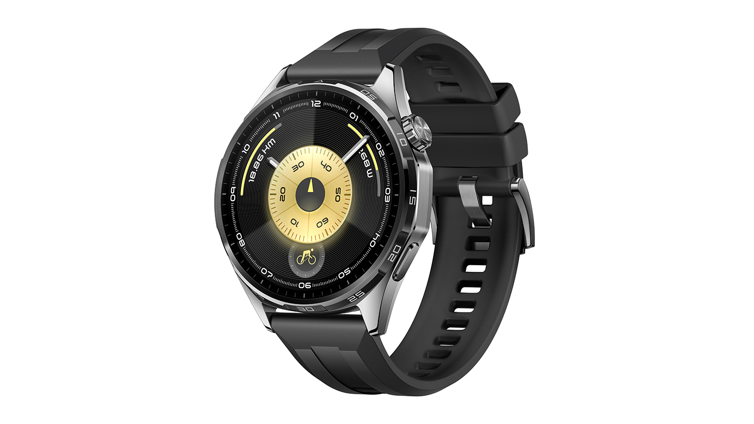 Angled view of the circular smartwatch with a black strap and a gold and black face