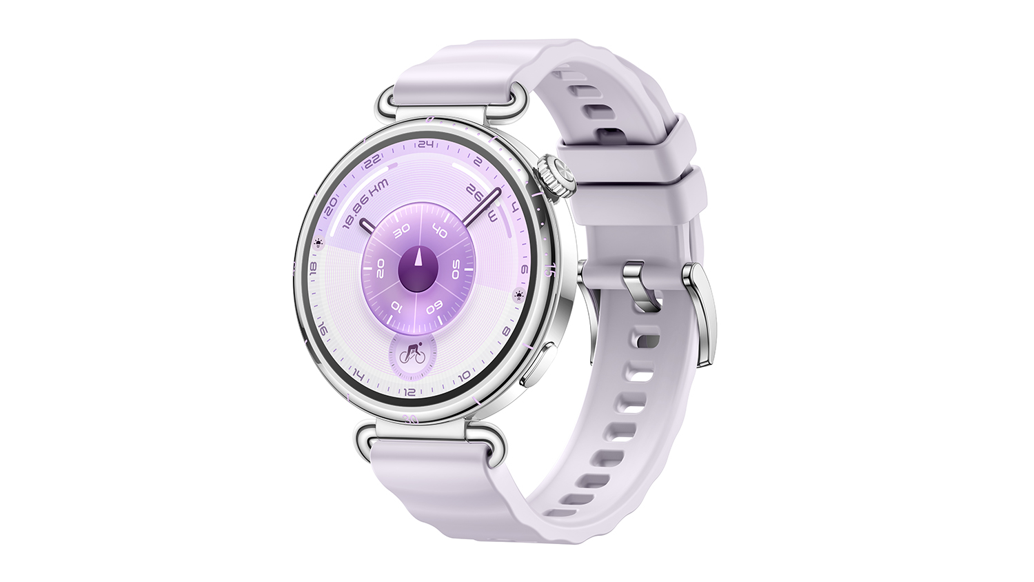Angled view of a smartwatch with a white sport strap and purple-themed face.