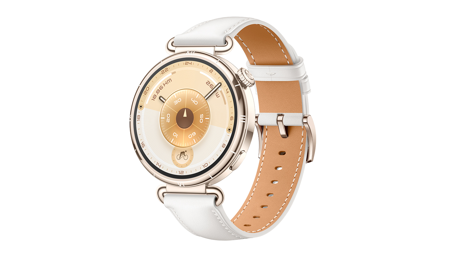 Angled view of a smartwatch with a white strap and gold-toned face