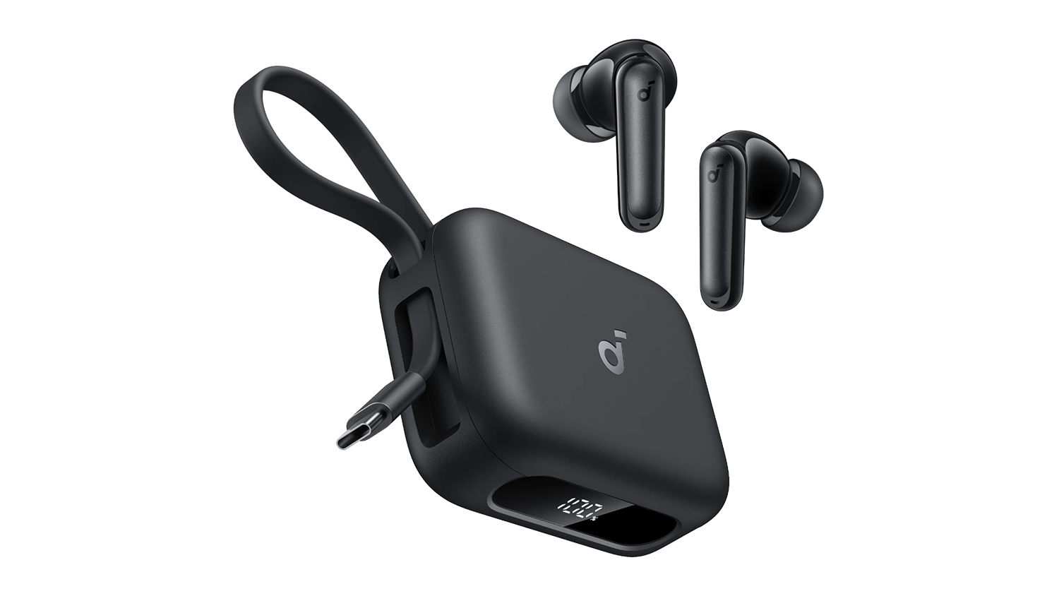 A black Soundcore P41i adaptive noise-cancelling true wireless in-ear headphones