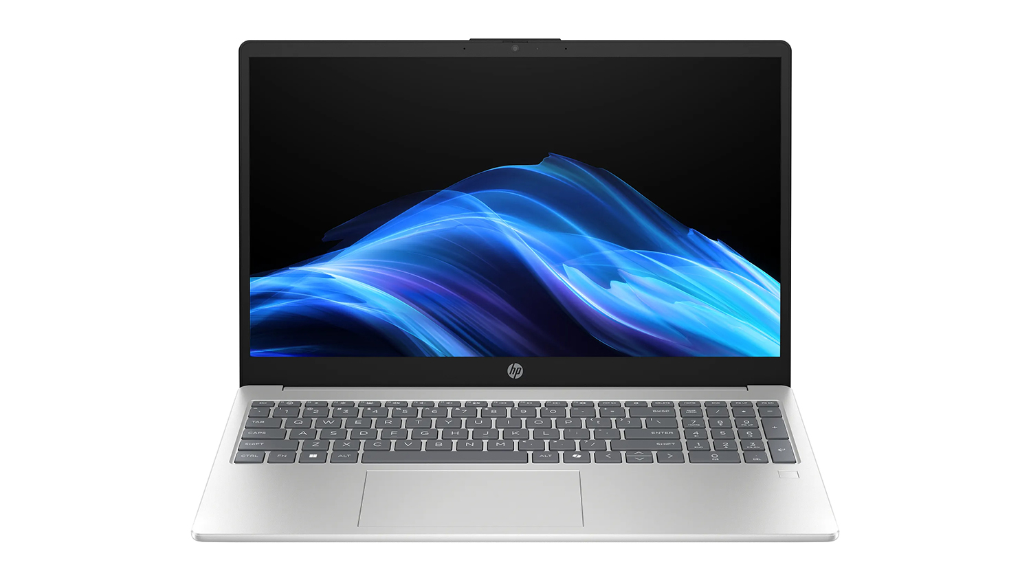 Front view of the silver HP 15.6" laptop showing a blue wave screen