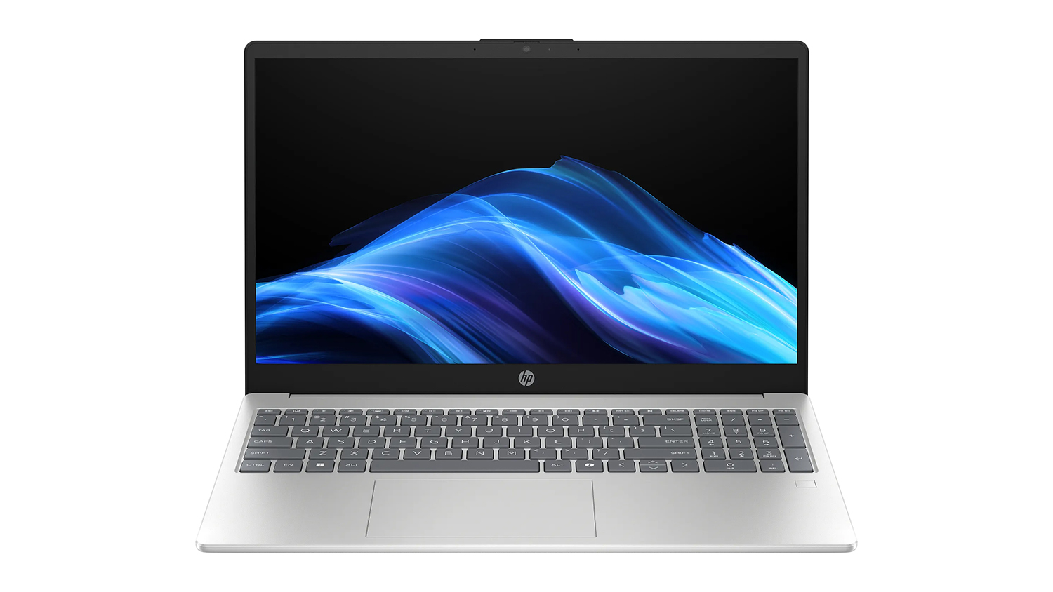 Front view of the silver HP 15.6" laptop showing a blue wave screen