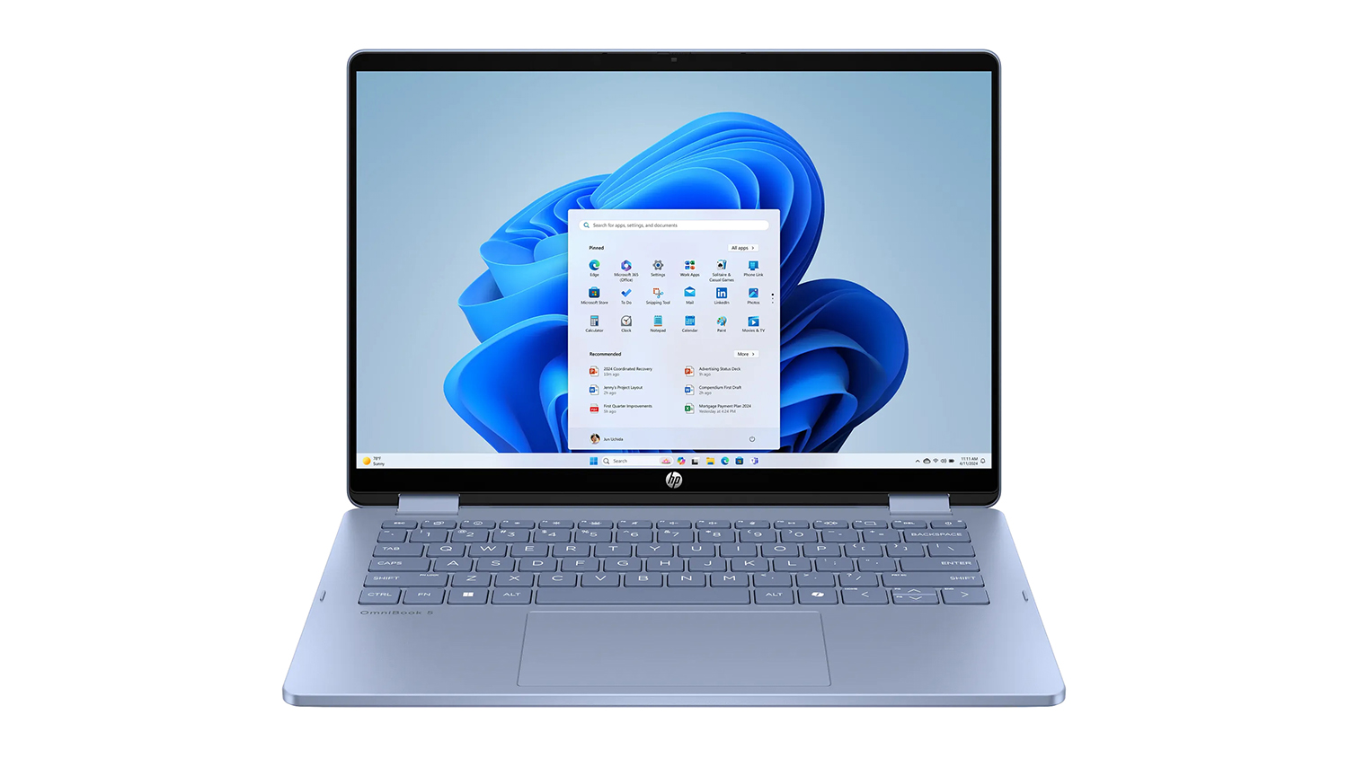 Front view of the silver HP OmniBook 5 Flip 14" 2-in-1 laptop showing a Windows 11 screen