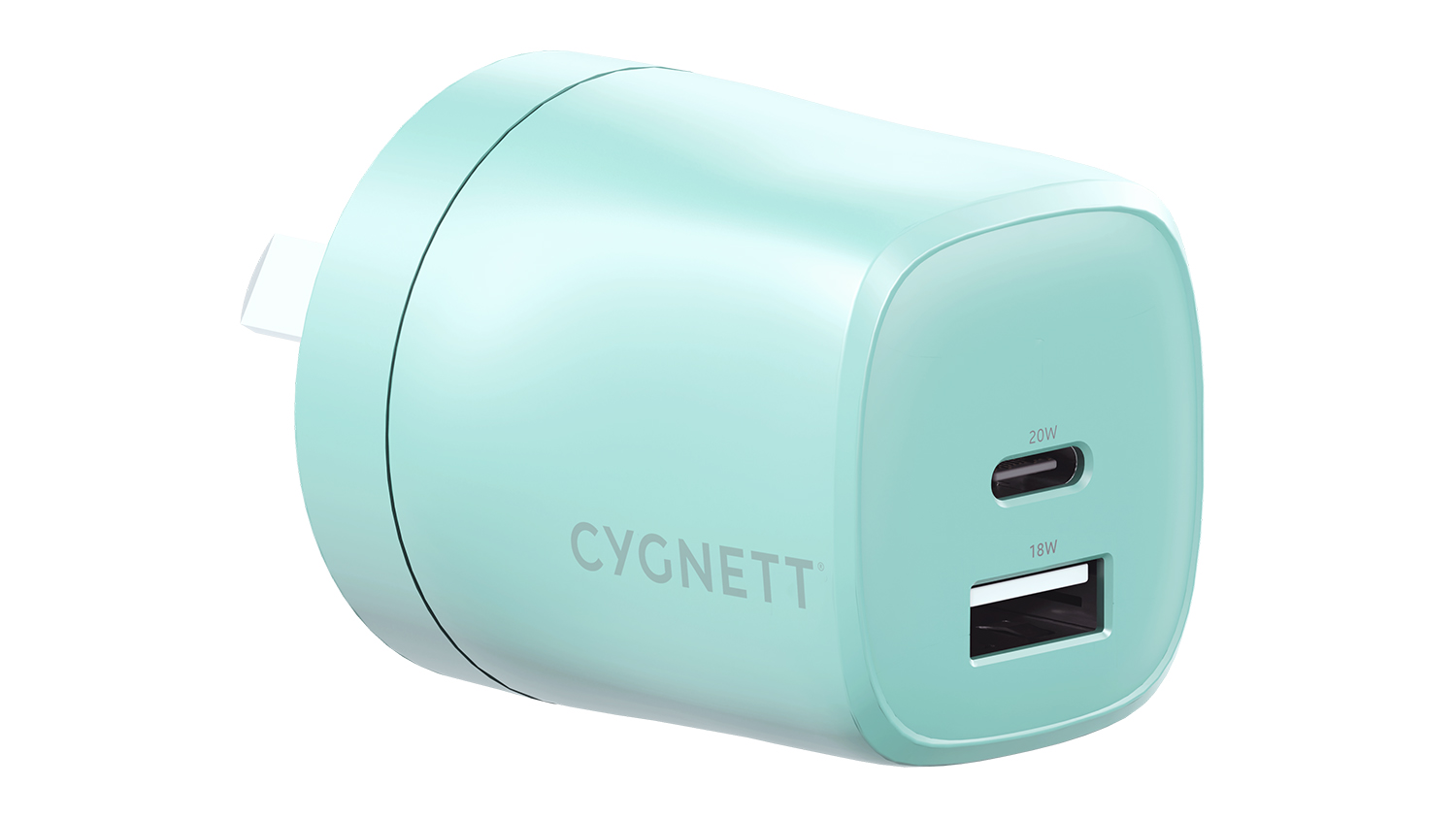 A Cygnett PowerSync 20W dual-port wall charger in mint colour