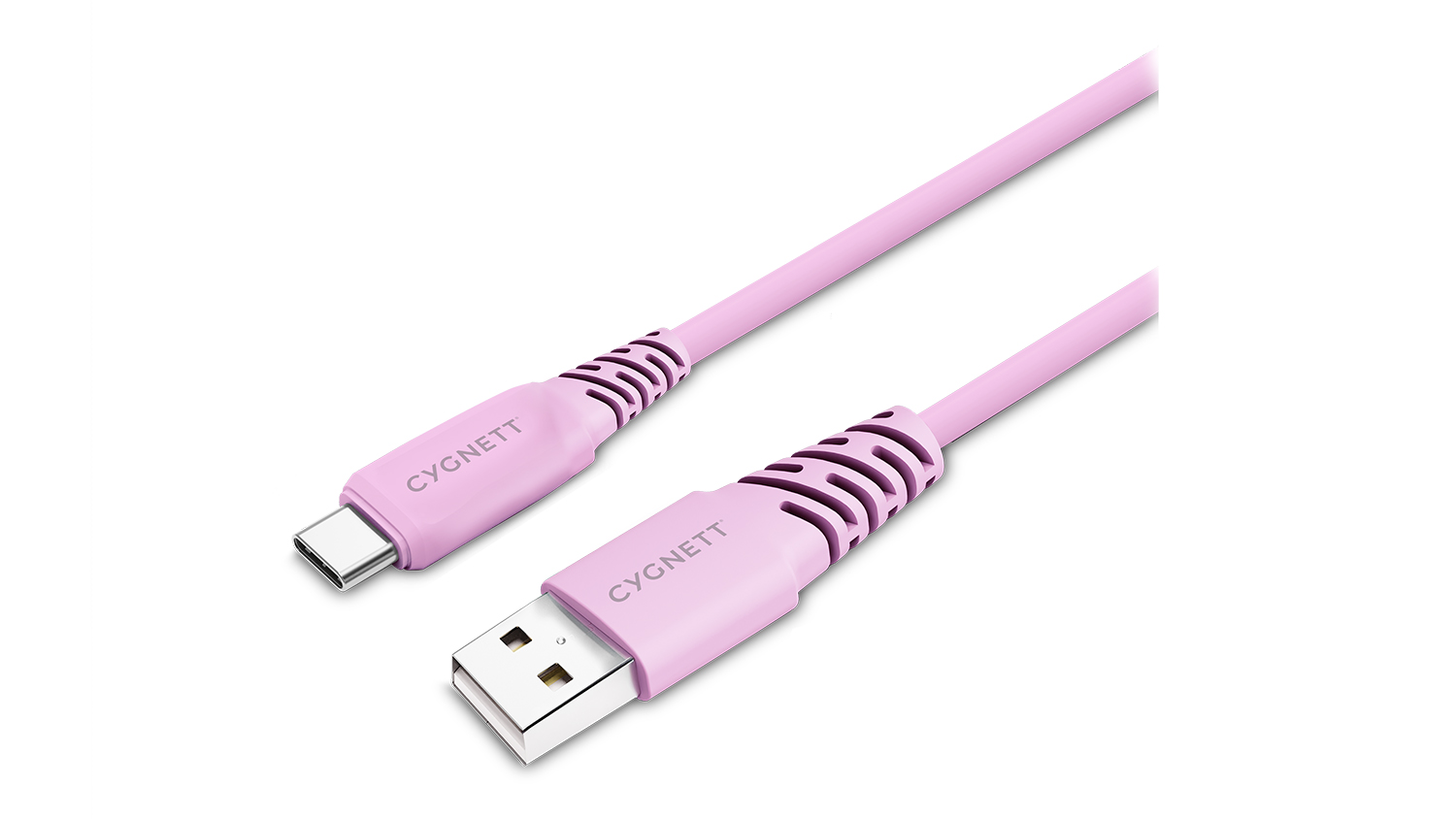 A Cygnett PowerSync USB-C to USB-A cable in lilac colour