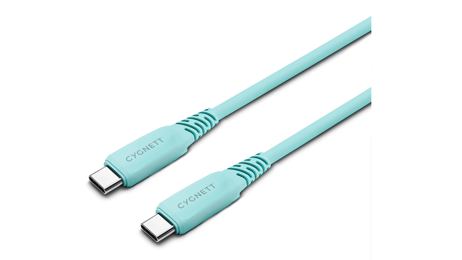 Angled view of a Cygnett PowerSync USB-C Cable, featuring a mint colour and 1-metre length