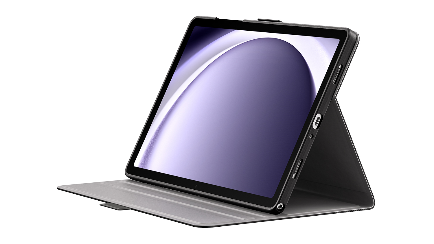 A tablet in a grey stand case with a purple-white gradient display