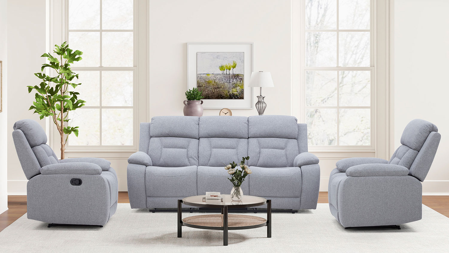 Living room with Griffin 3 Piece Fabric Recliner Lounge Suite around a round coffee table with decor