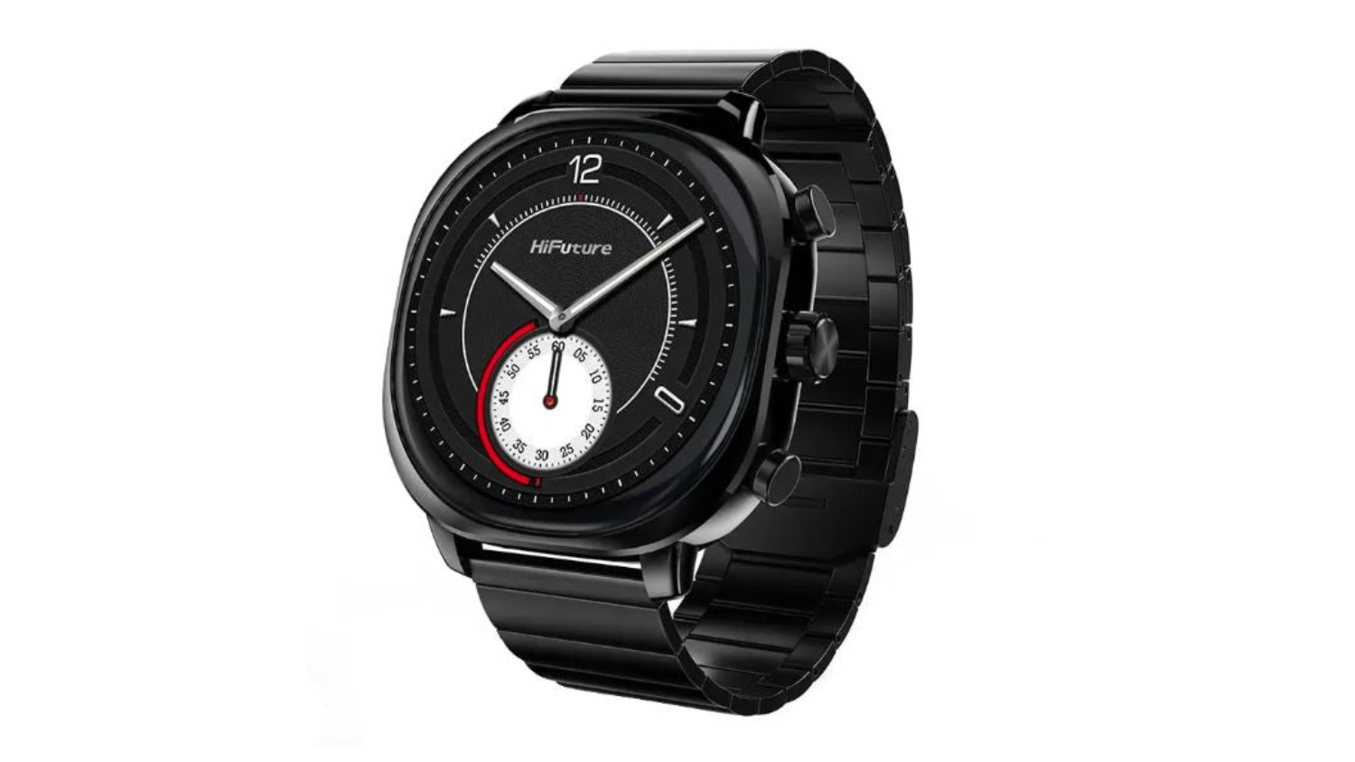Black HiFuture wristwatch with round dial, metal strap, and subdial featuring red accent