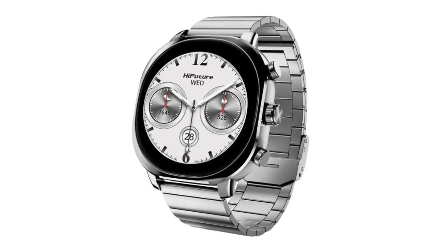 Silver metal wristwatch with a round case and chronograph buttons on the side