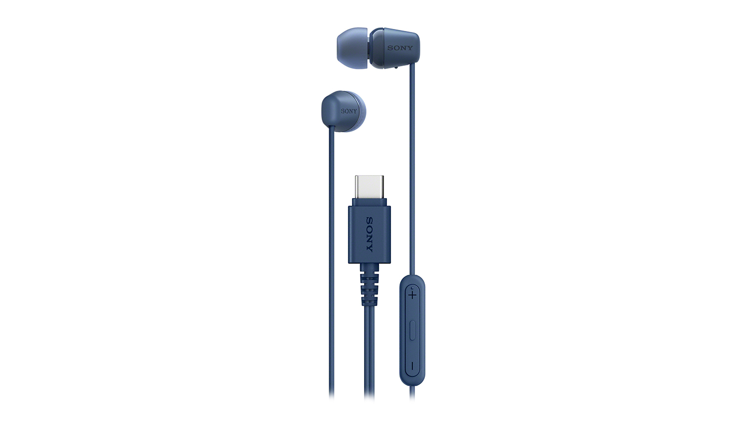A blue Sony IER-EX15C Wired In-Ear Headphones featuring USB-C and silicone tips
