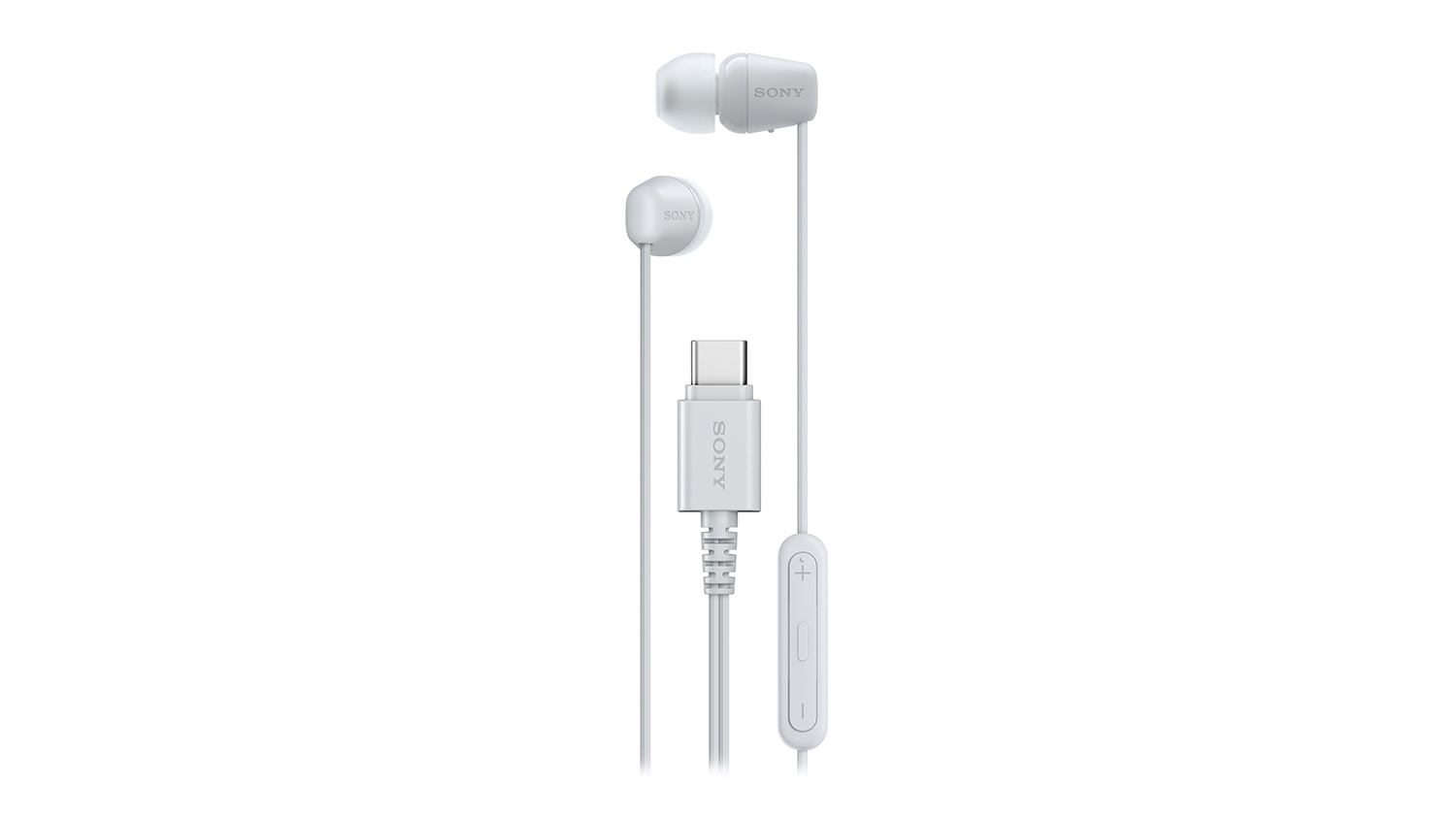 A white Sony IER-EX15C Wired In-Ear Headphones featuring USB-C and silicone tips