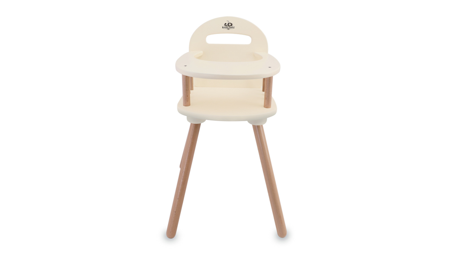 White wooden doll high chair with natural wood legs, designed for pretend play and dolls up to 20 inches