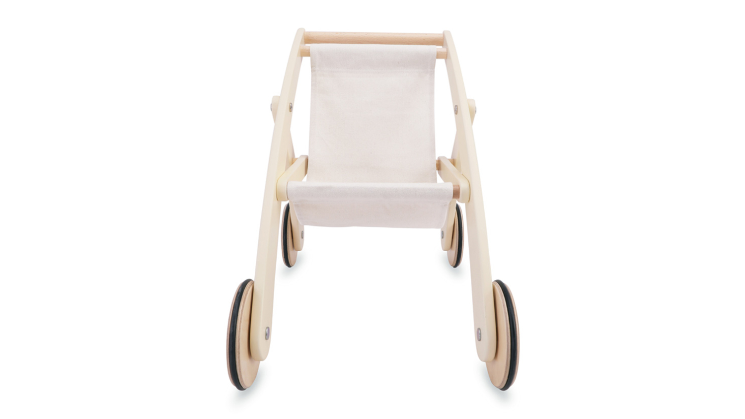 Front view of a wooden doll stroller with a white cotton seat and four rubber-rimmed wheels