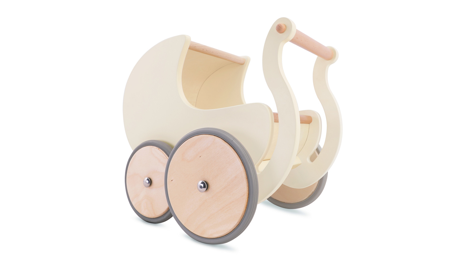 A wooden doll pram with a curved handle and four wheels, designed for toddlers