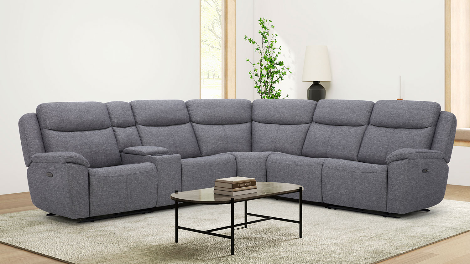 Kingsley 5 Seater Fabric Recliner Corner Sofa in dark grey, arranged in an L-shape set in a modern living room
