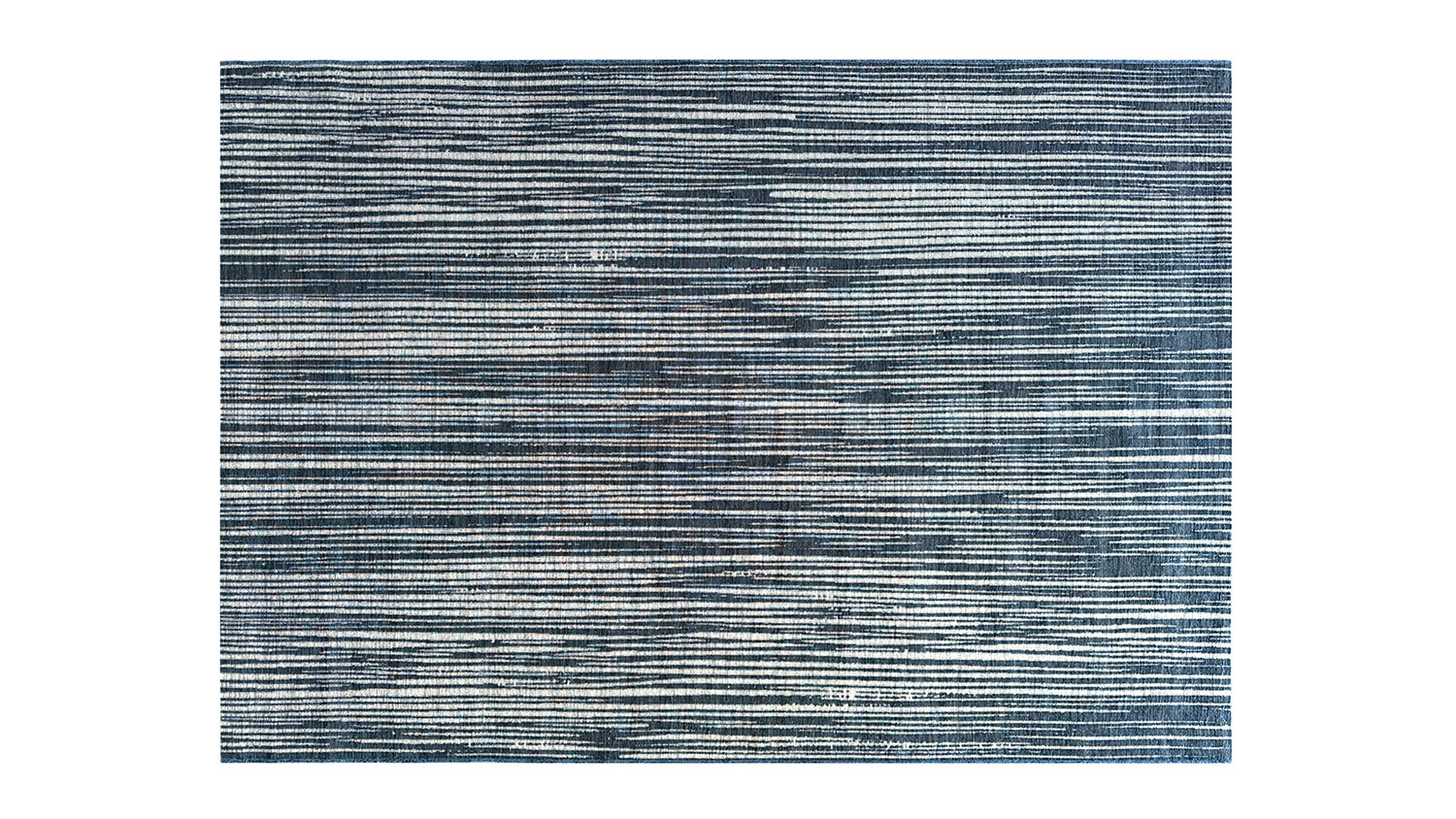 Emilia Liun Outdoor Rug. Striped pattern of uneven line thickness & spacing. Colours blend shades of blue, gray, white creating a textured look.