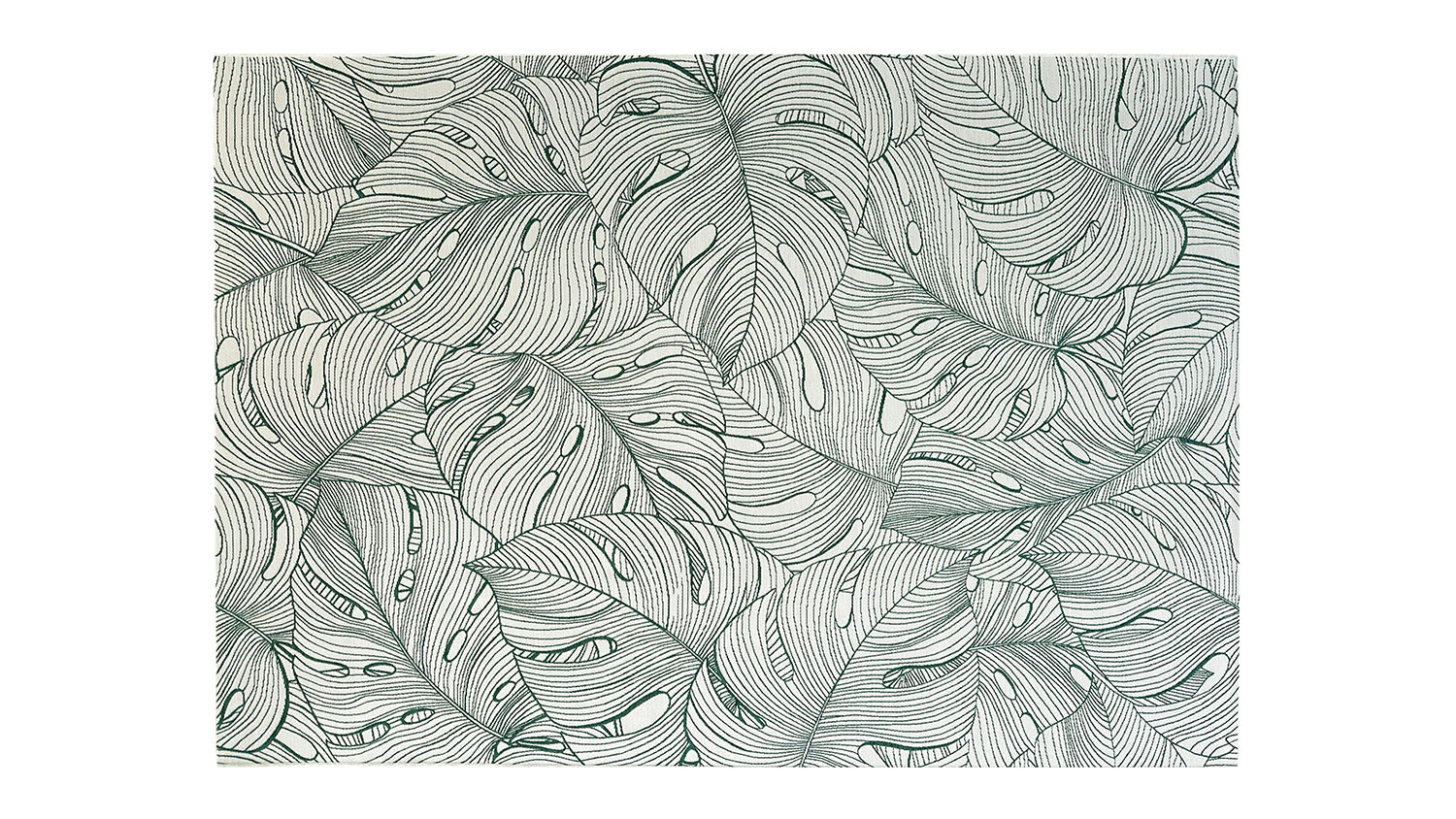 Emilia Monstera Outdoor Rug. Overlapping tropical leaves with fine line details on ivory background, creating a layered green botanical pattern.