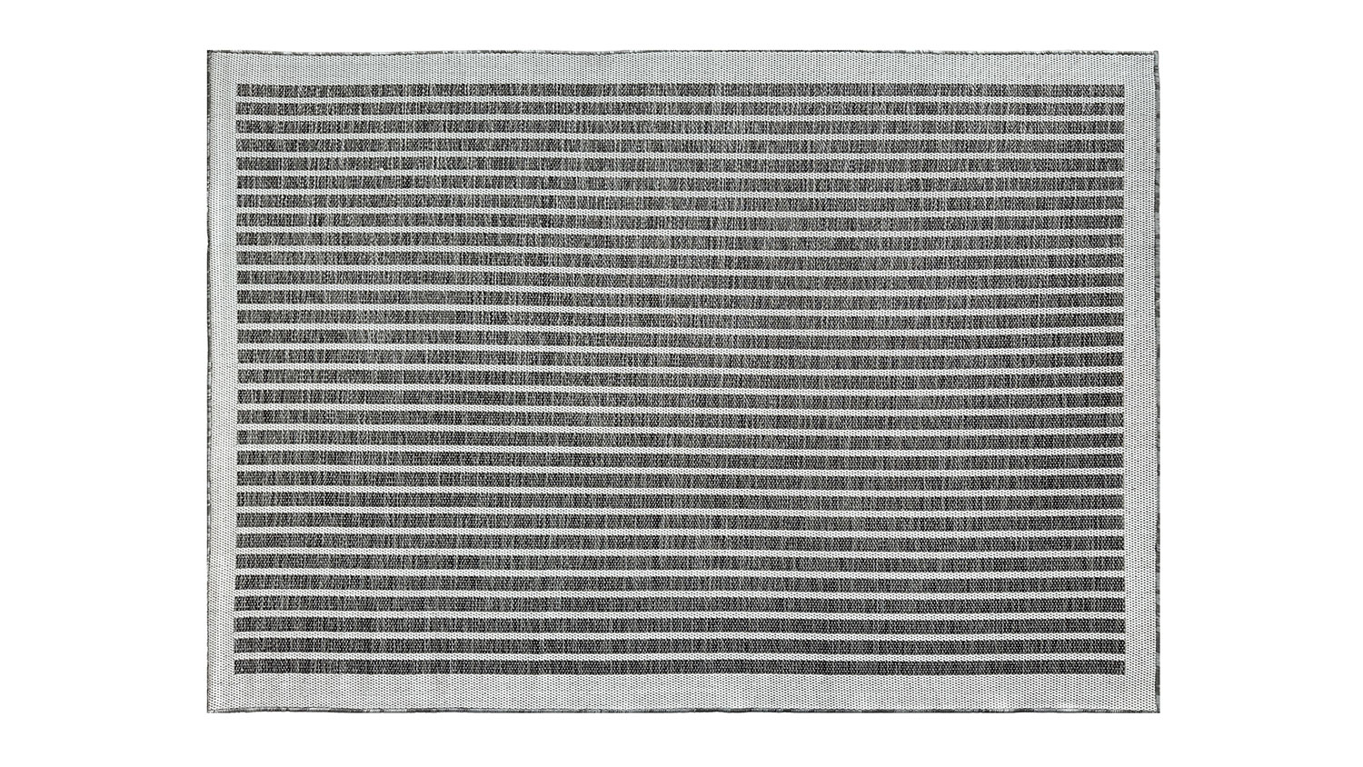 Porto Linha Outdoor Rug. Shows a vertical striped pattern with evenly spaced thin lines in black and gray tones, framed by a light border.