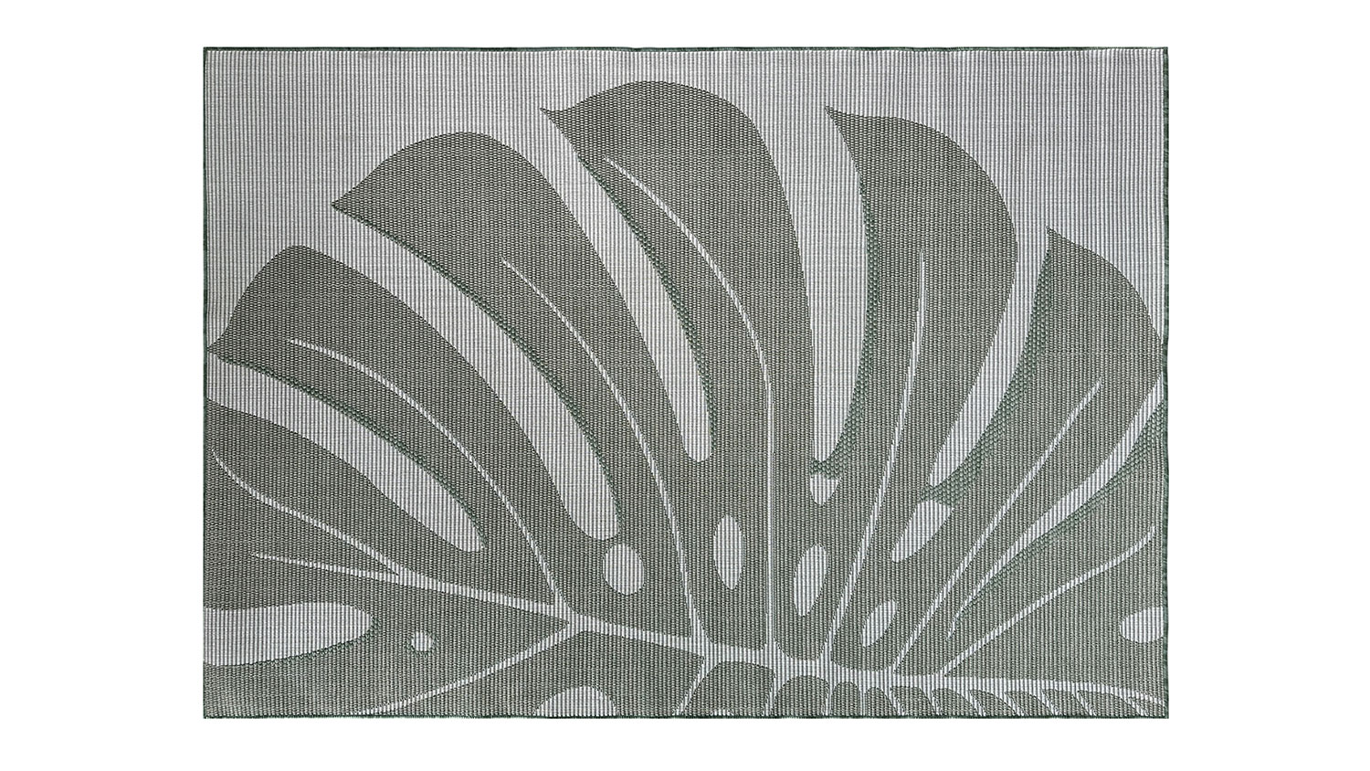 Porto Tropica Outdoor Rug. Large tropical single leaf design with bold curved segments, set against a fine line background.