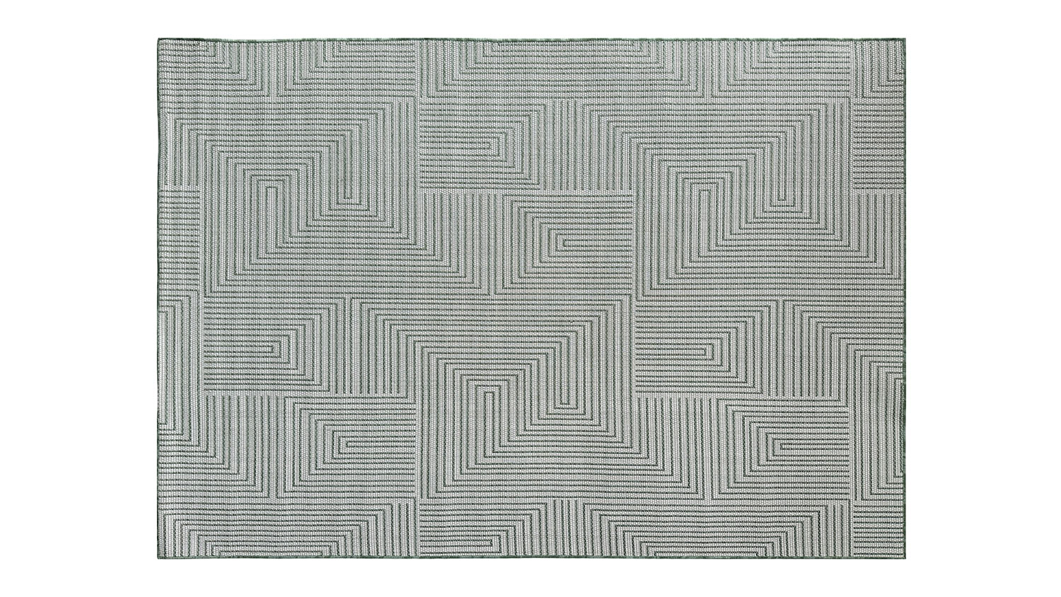 Porto Axis Outdoor Rug. A geometric pattern of nested right-angled lines forming square spirals in a grid layout, in ivory and green colours.