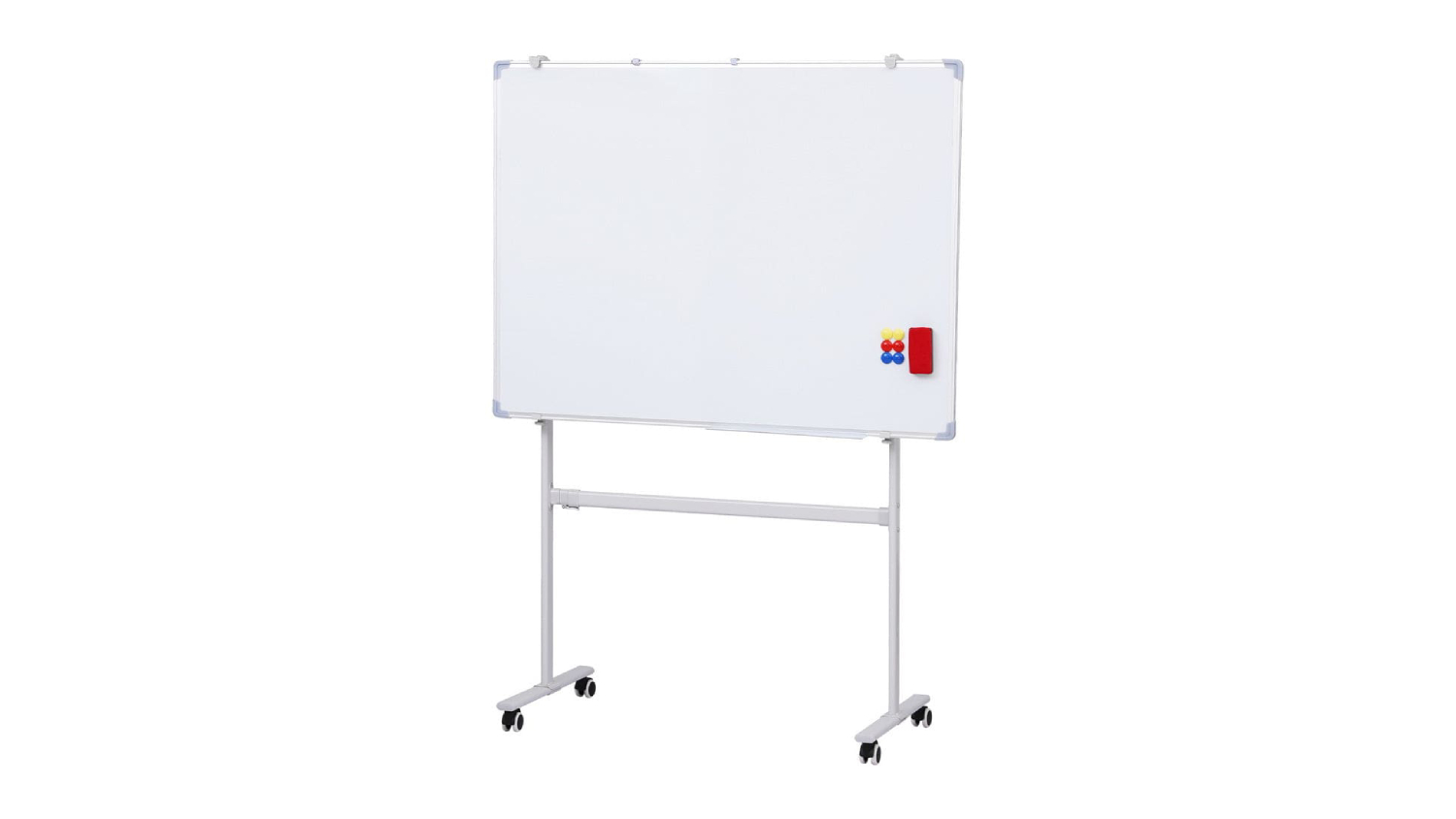 Double-sided whiteboard on a wheeled stand with magnets and an eraser attached to the surface
