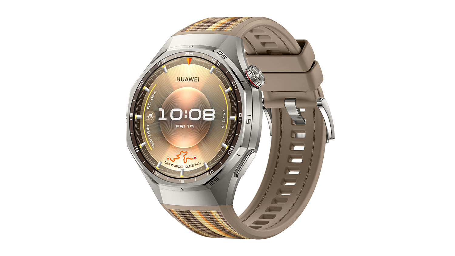 Angled view of the metallic casing and the watch face displaying fitness and time data
