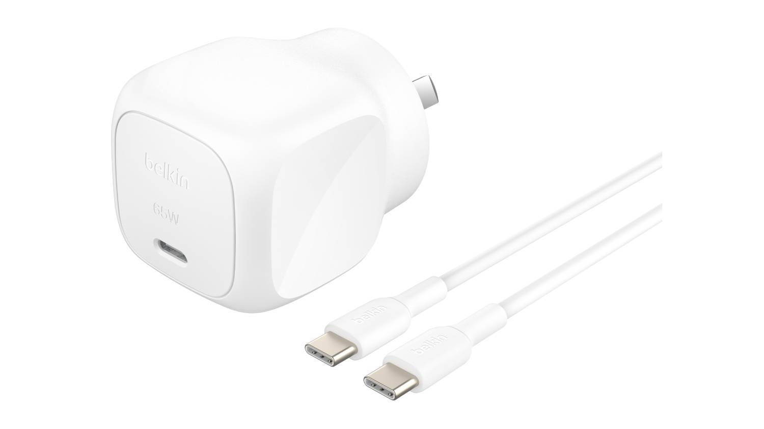 White Belkin BoostCharge 65W USB-C Wall Charger with USB-C to USB-C Cable