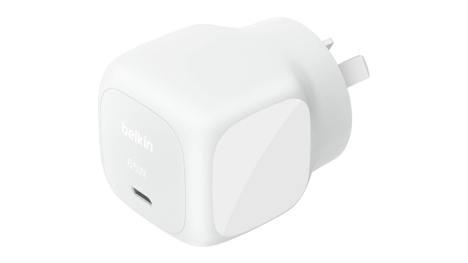 Angled view of the Belkin BoostCharge charger with its sleek white finish and single charging port