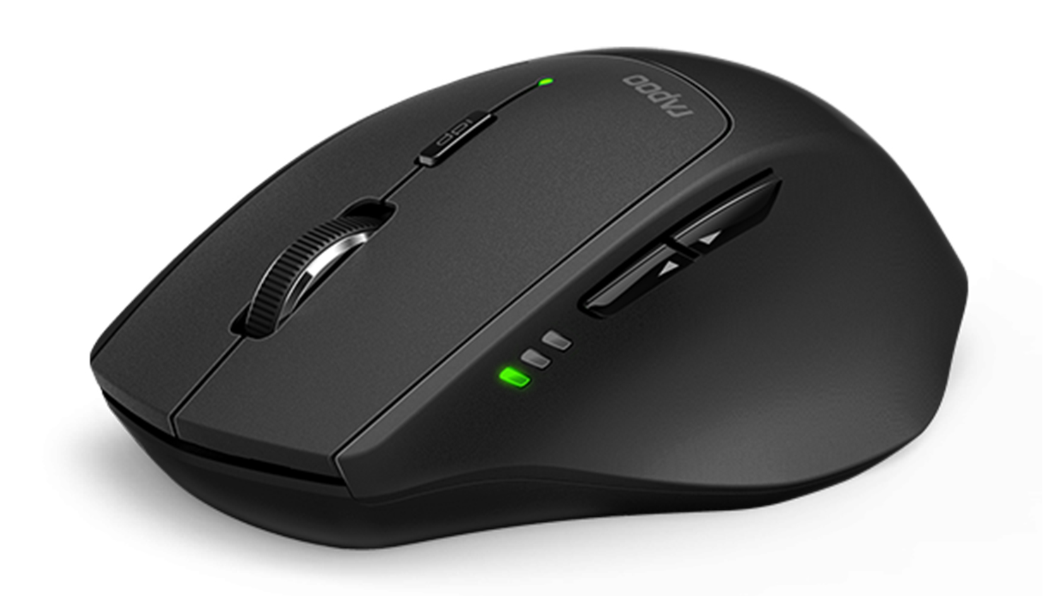 A Rapoo M10 Plus Wireless Optical Mouse with scroll wheel, side buttons, and LED lights