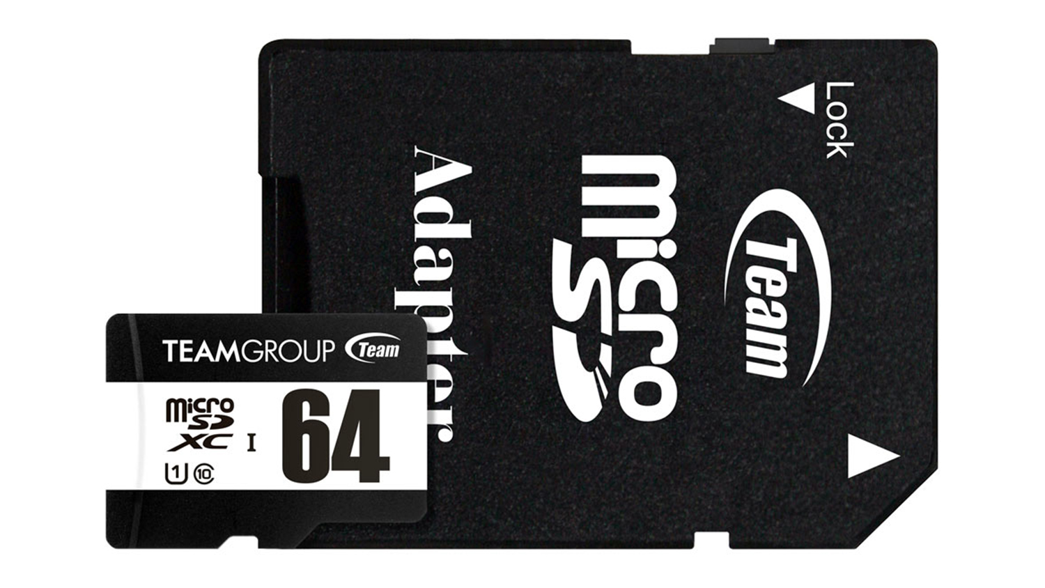 A TeamGroup 64GB microSD card with SD adapter and lock switch