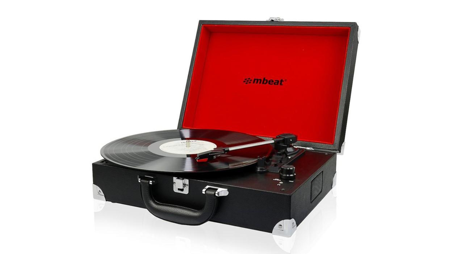 Black m-beat briefcase-style turntable with red interior