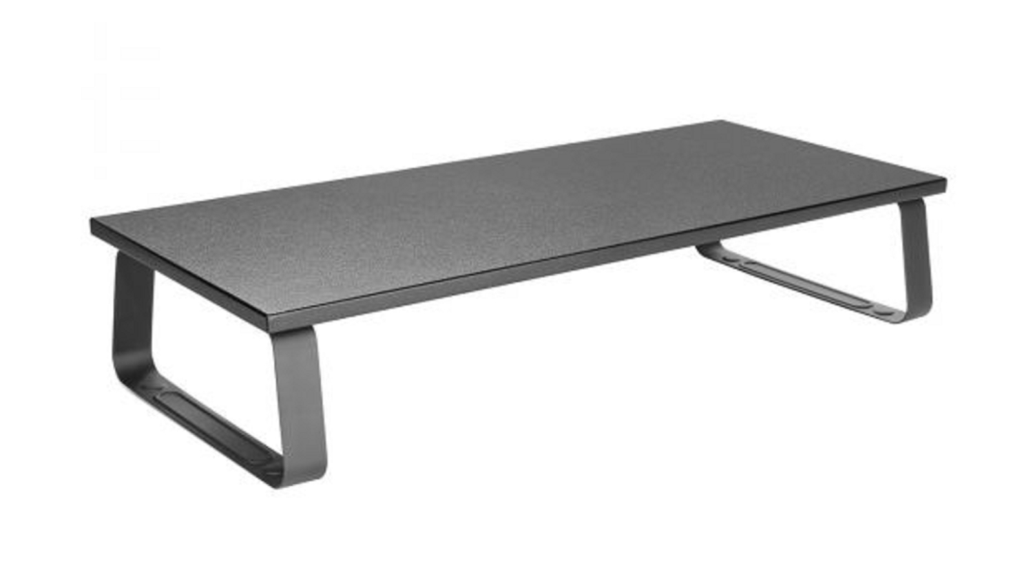 A left-angled view of a black monitor riser