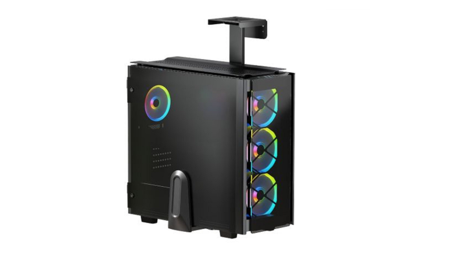 Black gaming PC case with RGB fans mounted on an adjustable under-desk bracket