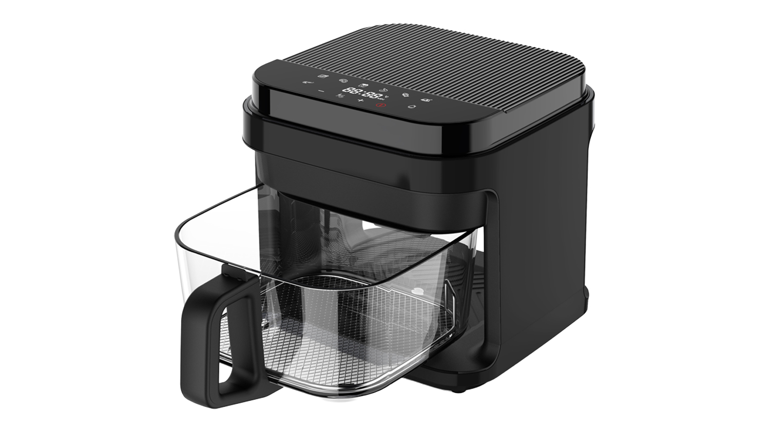 Black Healthy Choice Digital Glass 6.5L Air Fryer with a transparent basket and digital control panel on top