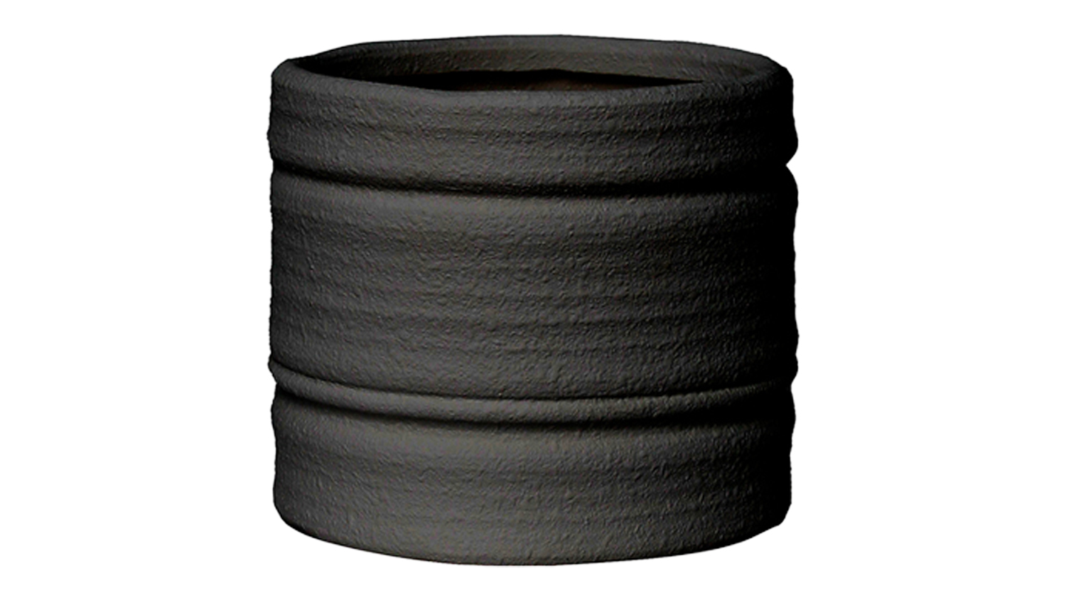 A medium, terracotta black planter with a cylindrical shape, featuring horizontal ridges