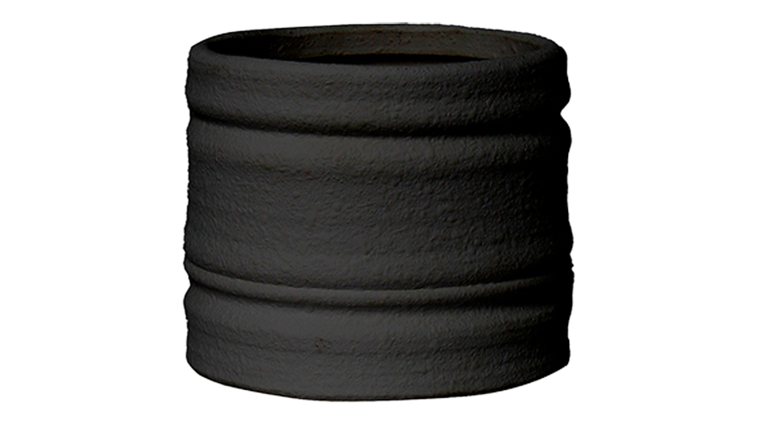 A small, terracotta black planter with a cylindrical shape, featuring horizontal ridges